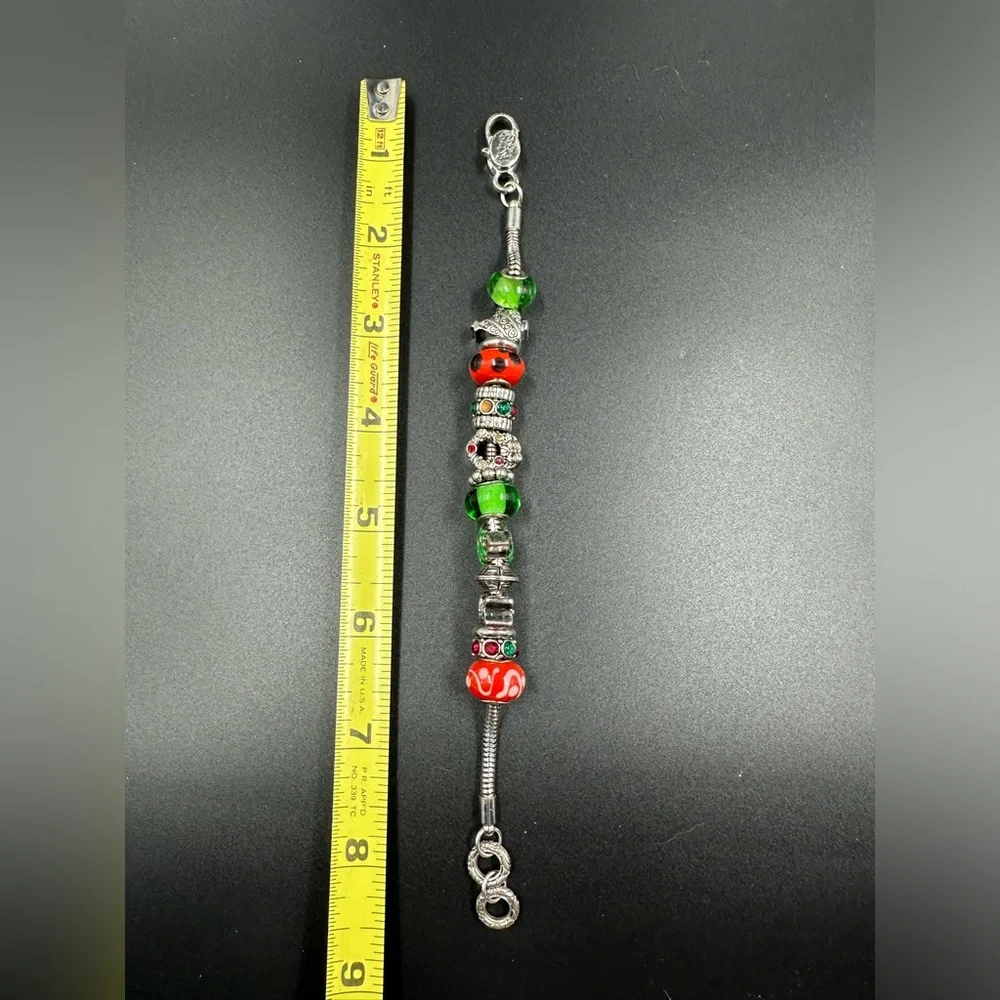 Christmas Slider Charm Bracelet Tree Wreath Bell Glass Beads